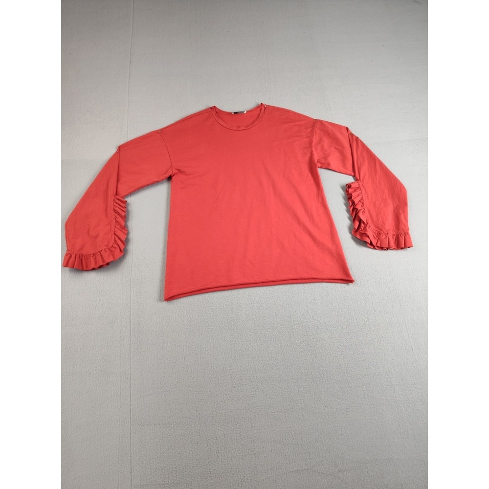 ZARA Women Top M Red Coral 100% Cotton Ruffle Long Sleeve Crew Neck Tee Pullover